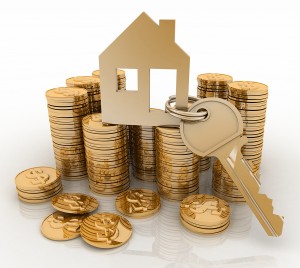 3d home with key on Pile of gold coins