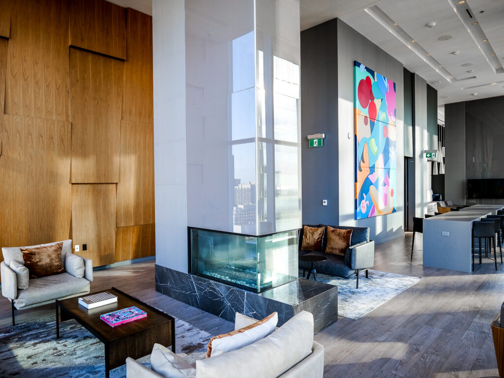 The SkyLounge at 55 Gerrard with tables and couches.