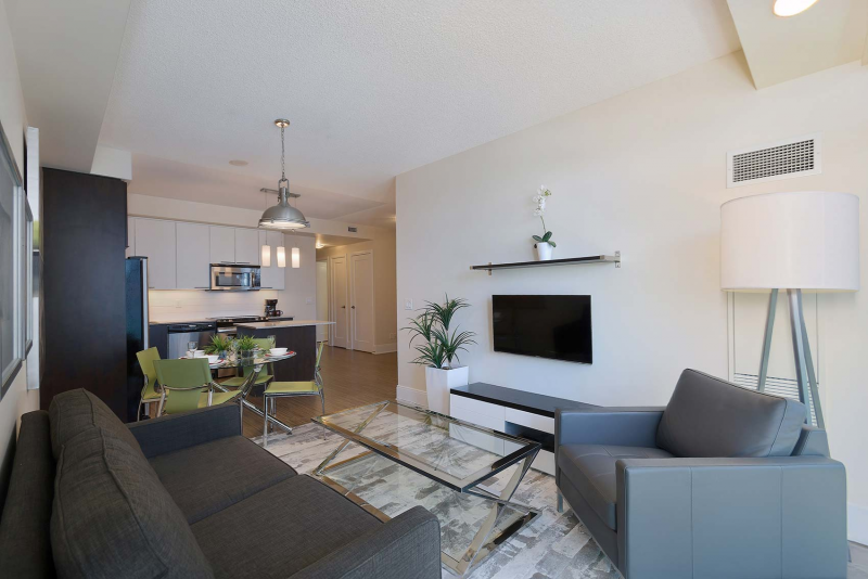 Modern living room and kitchen in a suite.