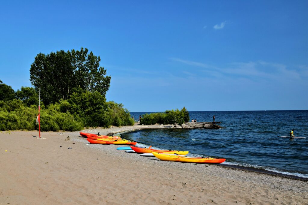 Colourful kayaks by the shoreline.